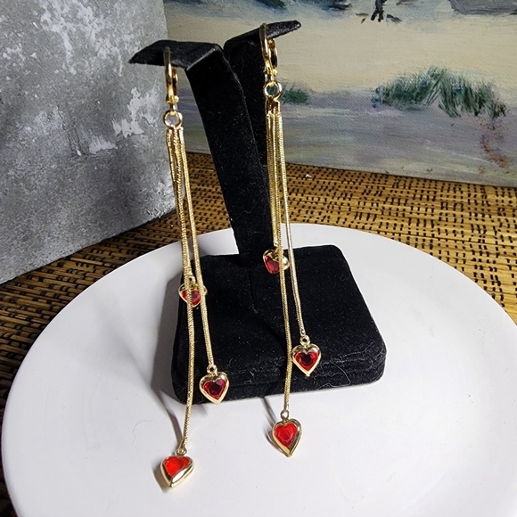 Gold Filled Red Crystal Heart Dangle Earrings - Picture 6 of 9